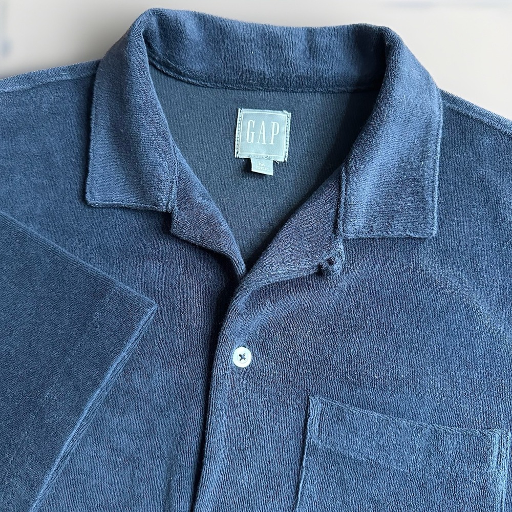 GAP Terry Cloth Camp Loop Collar Shirt Men Large Navy Short Sleeve Resort Casual